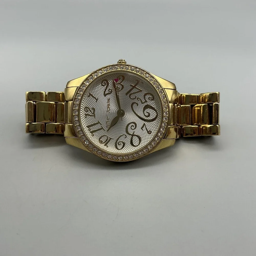 Betsey Johnson Womens Watch 39mm Silver Gold Tone Crystals New Battery 7.25